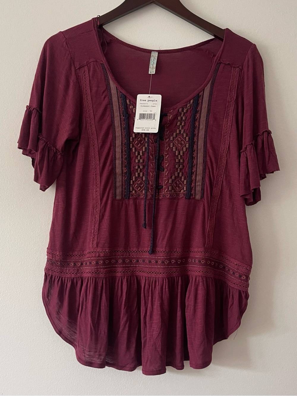 NWT Free People Plumberry Combo Embroidered Peasant Top XS